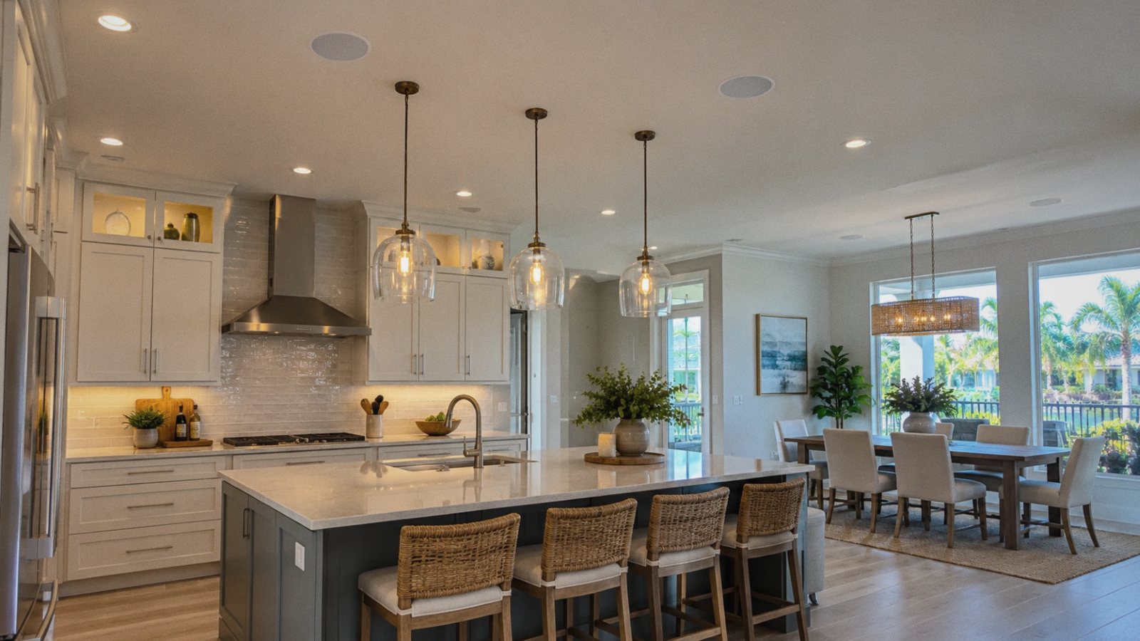 In-ceiling speakers over a kitchen island and dining area