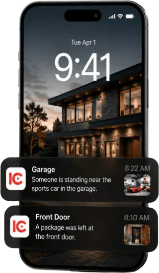 A phone lock screen with two IC Bunker alerts: someone is standing near the sports car in the garage, and a package was left at the front door