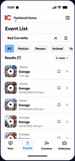 The IC Bunker app after searching for red Corvette: a list of vehicle, person and package events in the garage, each with a clip