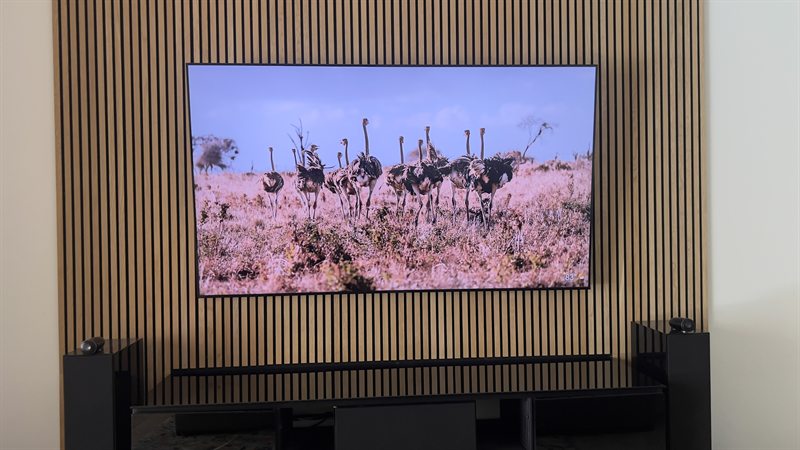 TV on a wood slat feature wall with speakers either side