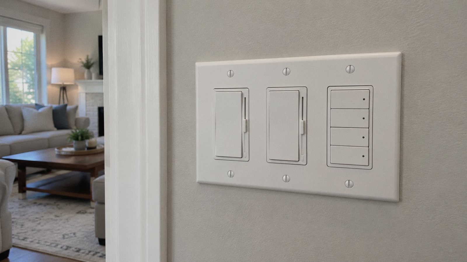 Two dimmers and a four-button keypad on a hallway wall