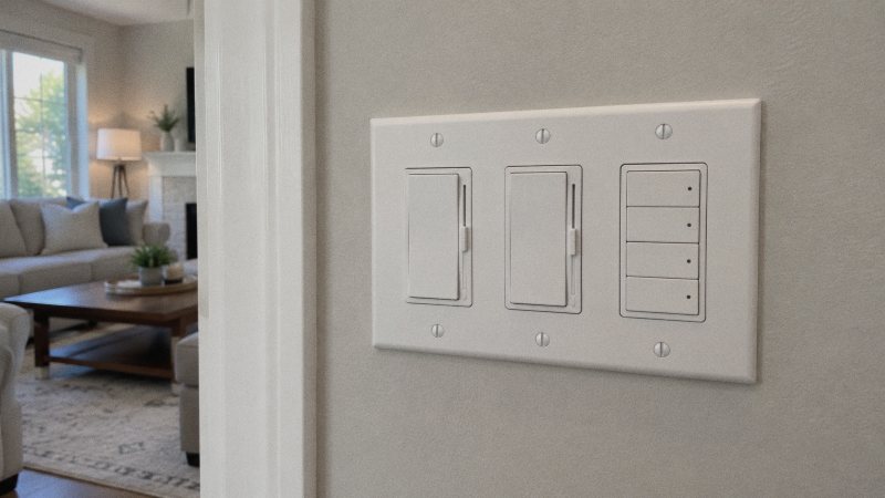 Two dimmers and a four-button keypad on a hallway wall