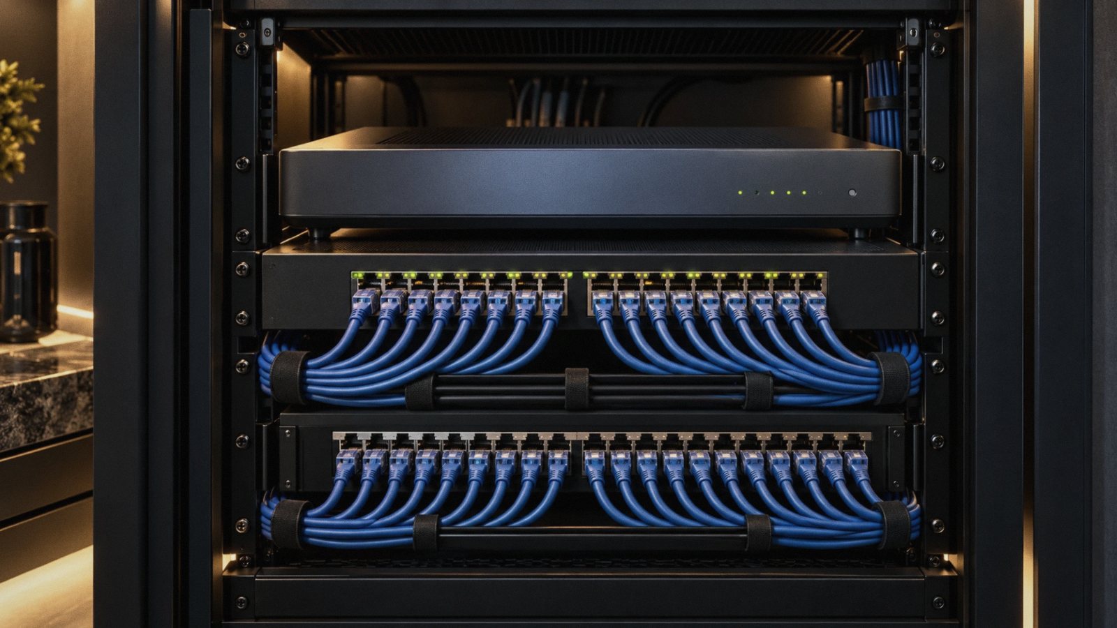 A network rack with a switch, patch panel and neatly dressed Cat6 cables