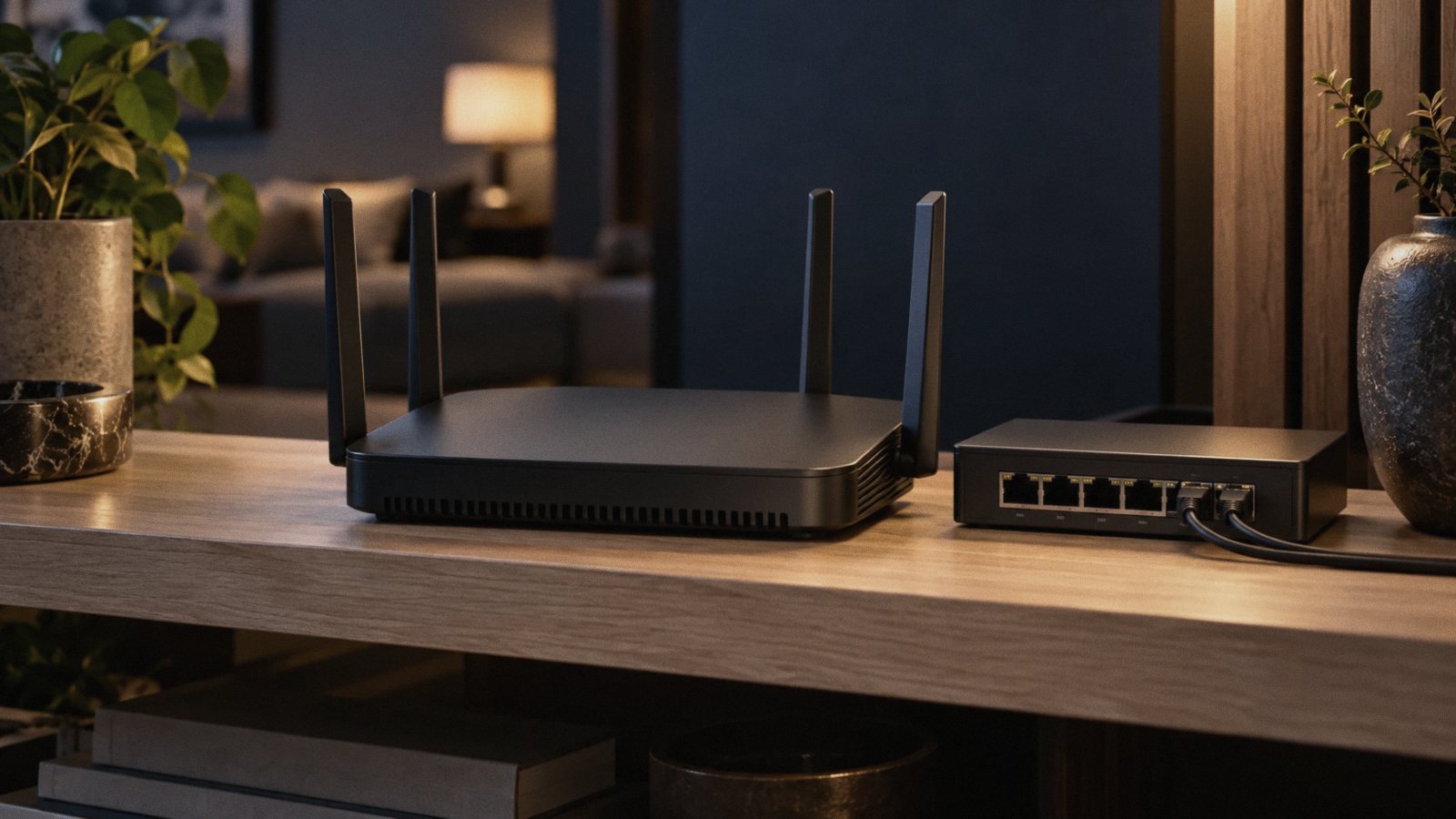 A Wi-Fi router and network switch on a living room shelf
