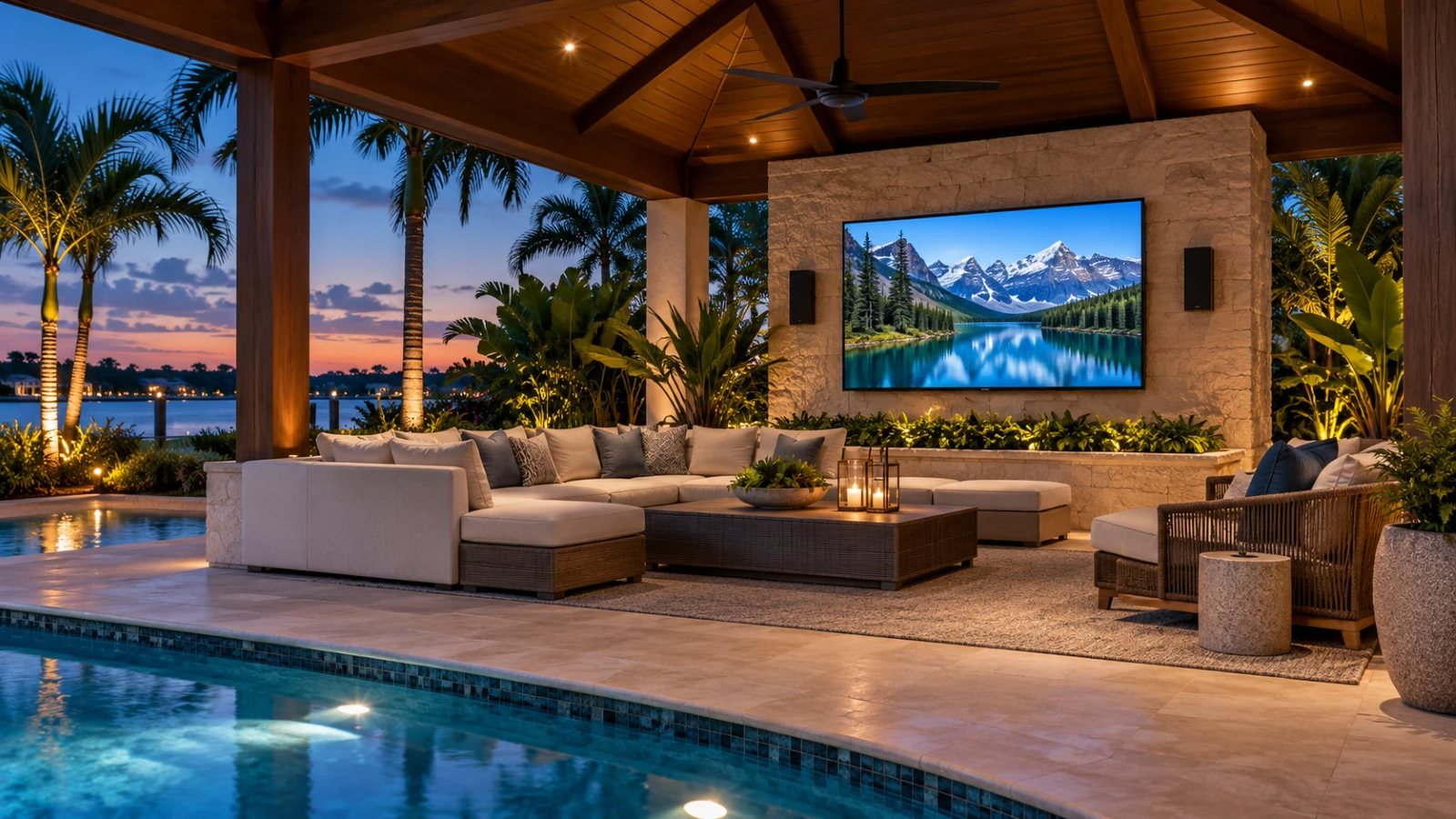 A poolside cabana at dusk with an outdoor TV, speakers and lit palms