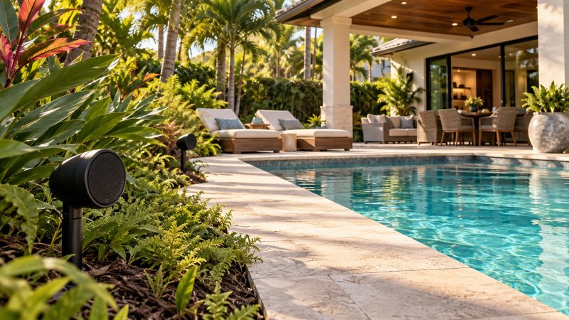 Garden speakers in a planting bed along the pool deck