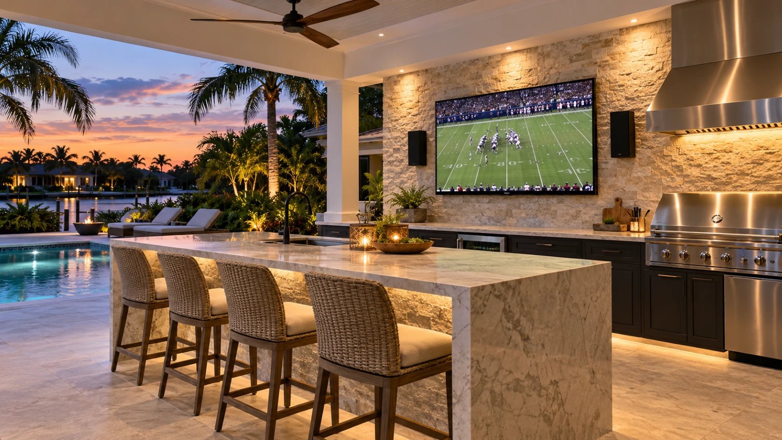 An outdoor kitchen and bar at dusk with a TV and speakers over the grill