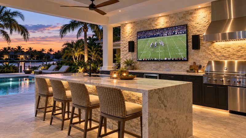 An outdoor kitchen and bar at dusk with a TV and speakers over the grill