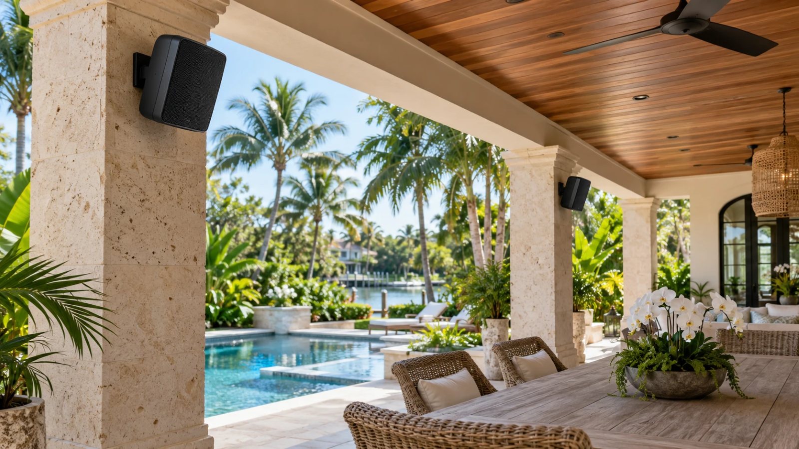 Outdoor speakers mounted on the columns of a covered lanai by the pool