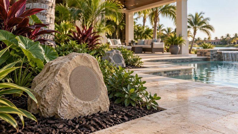 Rock speakers in a garden bed beside the pool