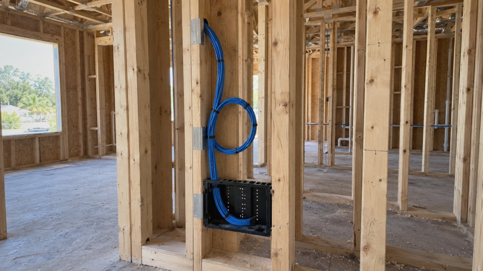 Cat6 cables run down a stud into a media panel in a home still in framing