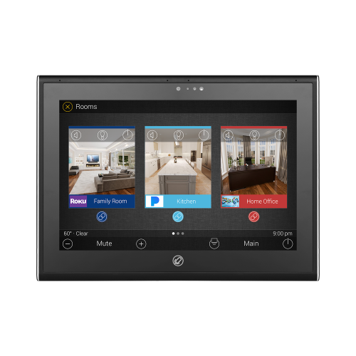 URC TKP-8600 8-inch in-wall touchscreen showing rooms