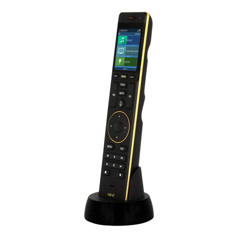 URC TRC-1120 premium remote in its charging dock
