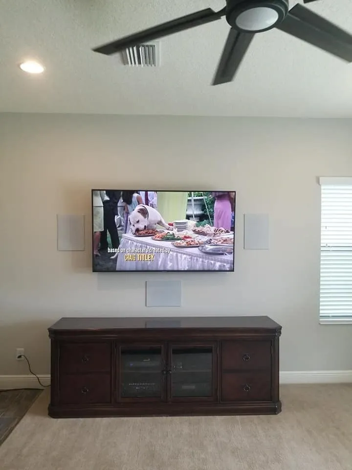 In-wall speakers on either side of a TV