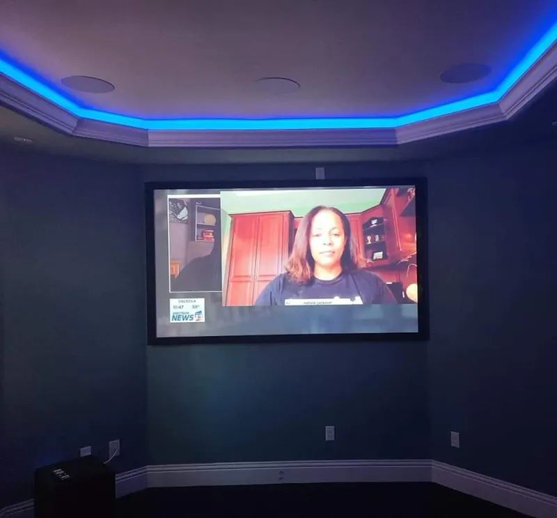 Projection screen in a theater with blue LED cove lighting