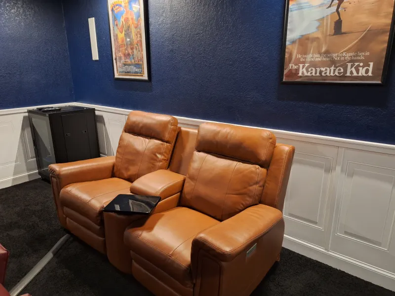 Leather theater seats and movie posters