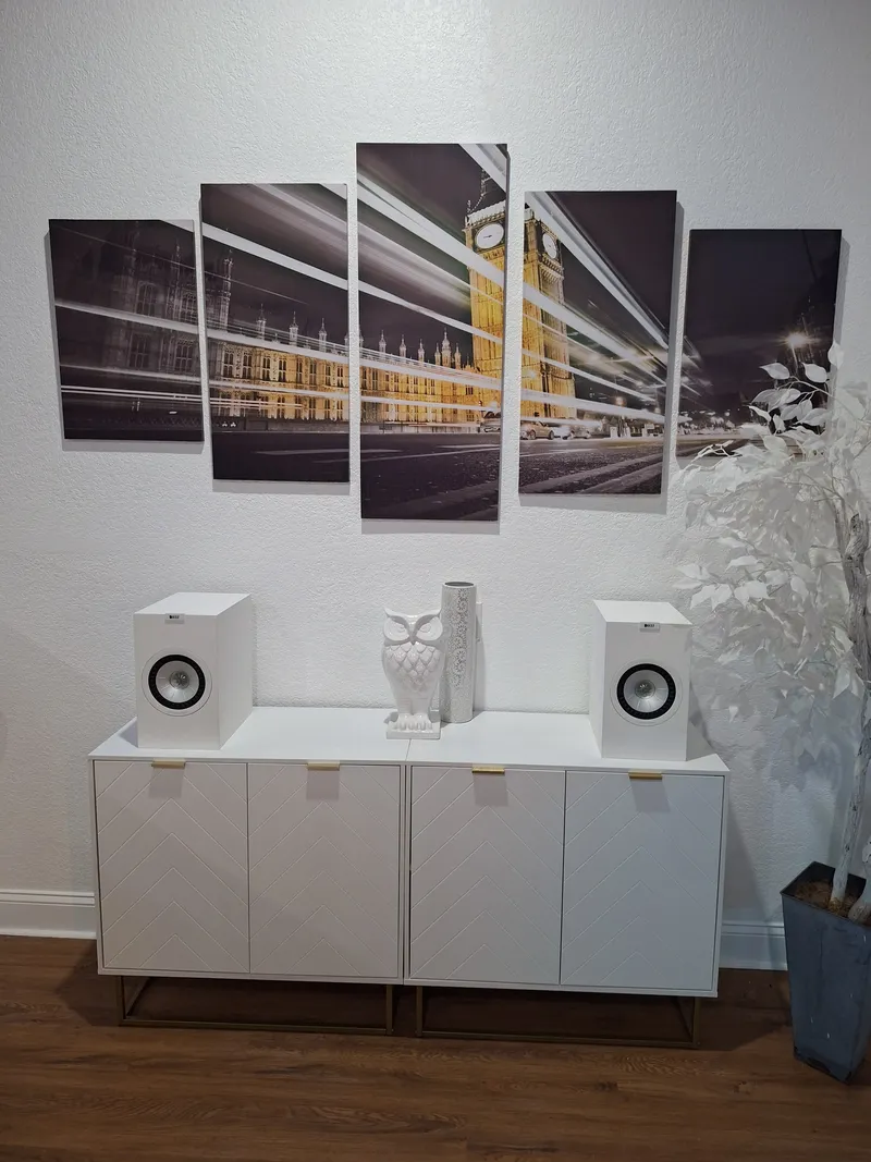 Bookshelf speakers on a white cabinet