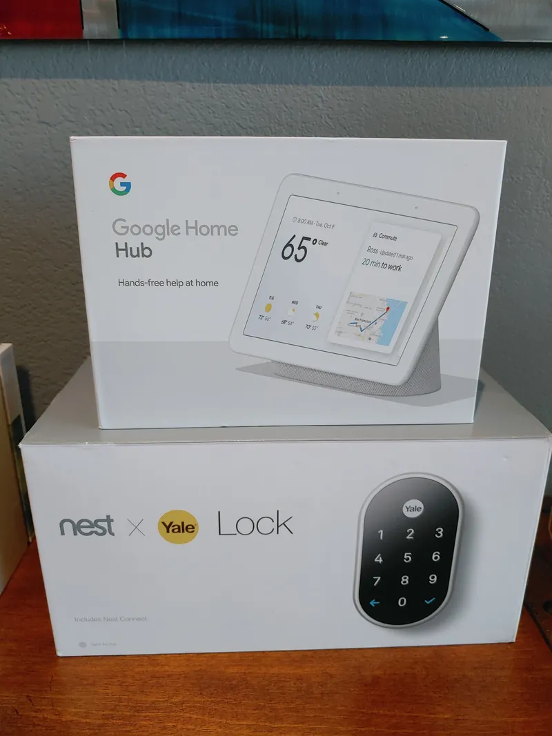 Google Home Hub and a Nest x Yale smart lock