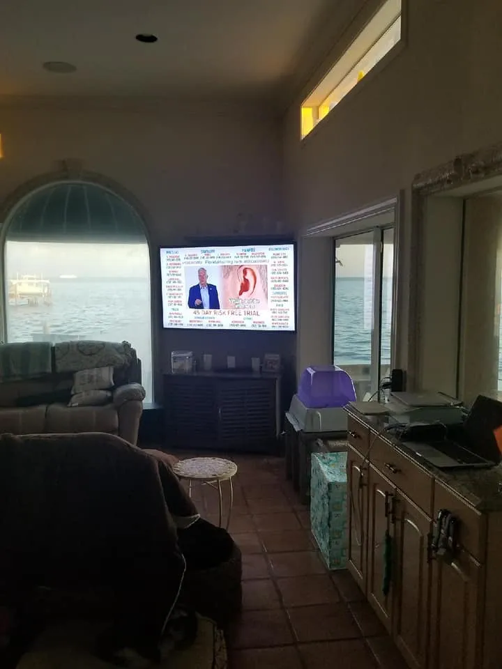 TV in a living room with a lake view