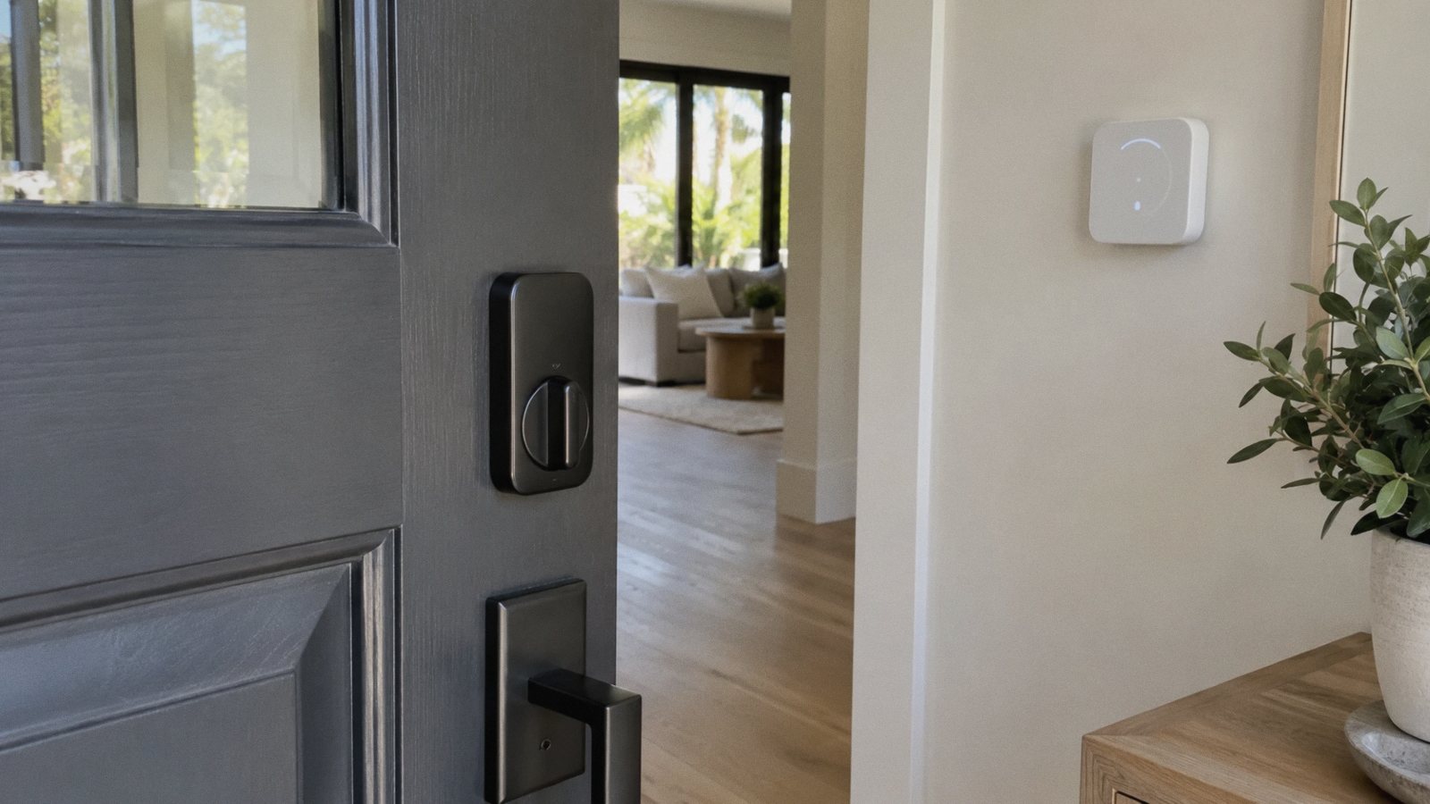 A smart lock on a front door with a smart home hub on the wall