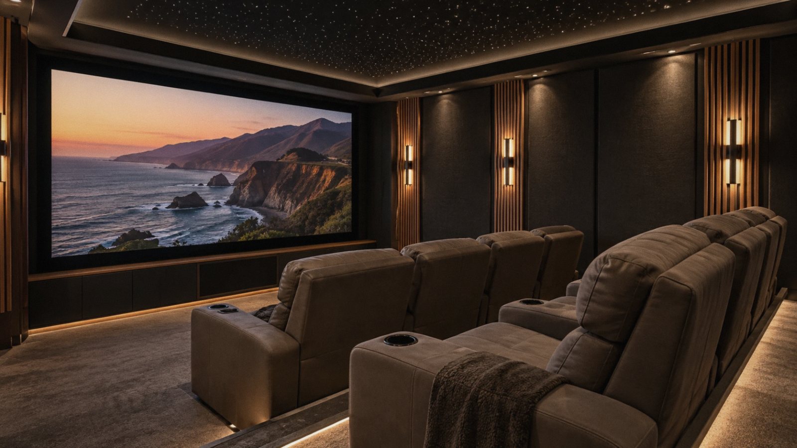 A home theater with a star ceiling, a big screen and two rows of recliners