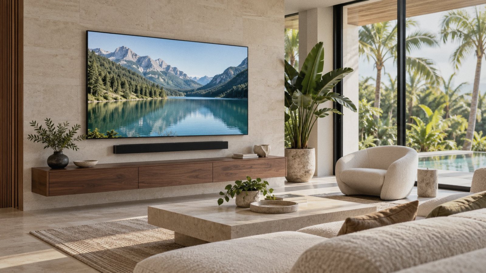 A large TV and soundbar mounted on a stone wall over a floating walnut cabinet