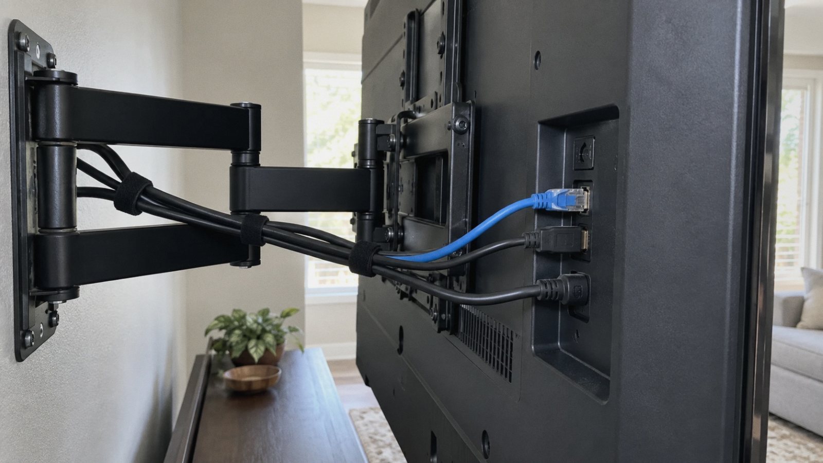 The back of a wall-mounted TV with a Cat6 network cable and HDMI tied neatly along the mount arm